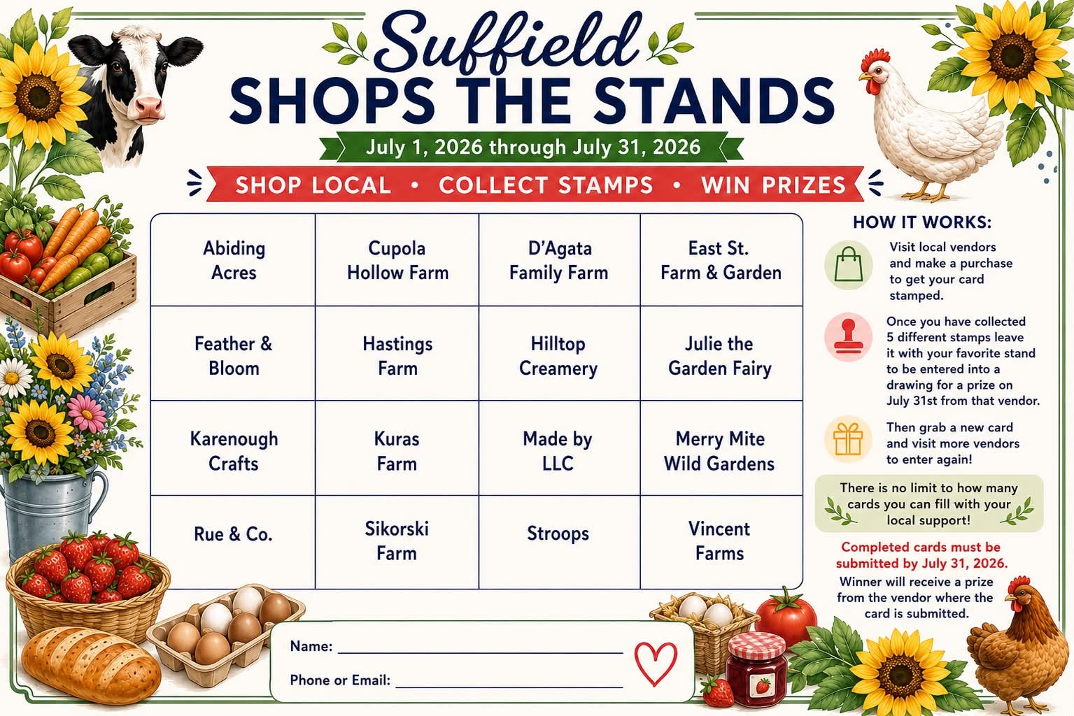 Suffield Shops the Stands stamp card listing all 16 participating farm stands and shops, with space to collect 5 stamps and enter your name and phone or email